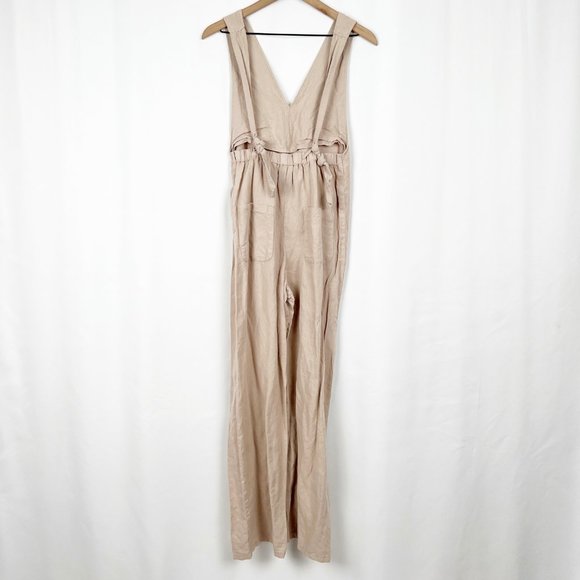 Zara Linen Wide Straight Leg Long Jumpsuit Overalls High Rise Waisted V-Neck XS - Picture 9 of 10